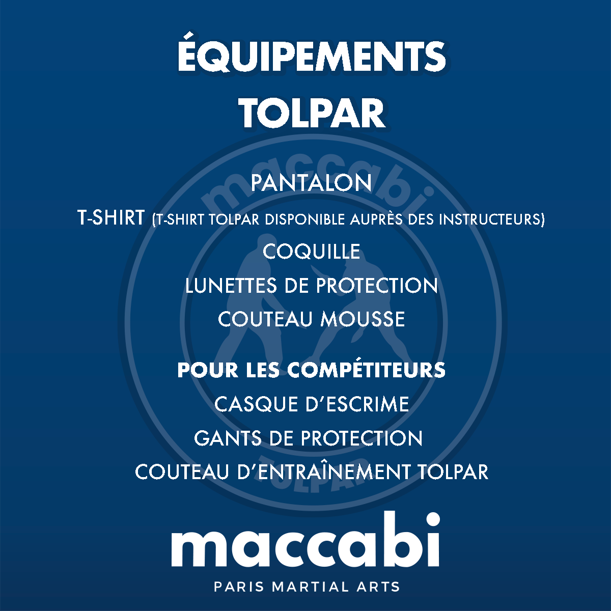Équipement pour les cours de Tolpar chez Maccabi Paris